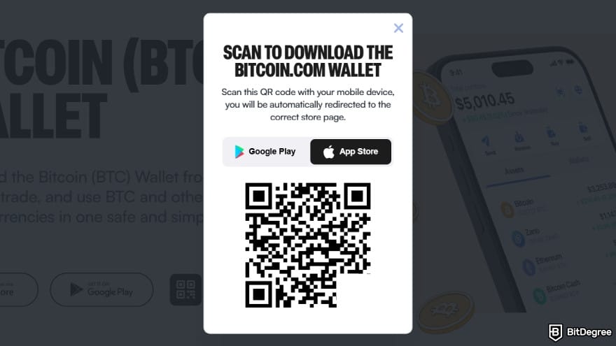 Bitcoin.com review: download prompt for the Bitcoin.com Wallet showing a QR code that redirects users to the App Store or Google Play.