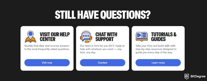Bitcoin.com review: support section highlighting available help options.