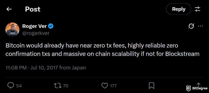 Bitcoin.com review: Roger Ver's tweet on Bitcoin.