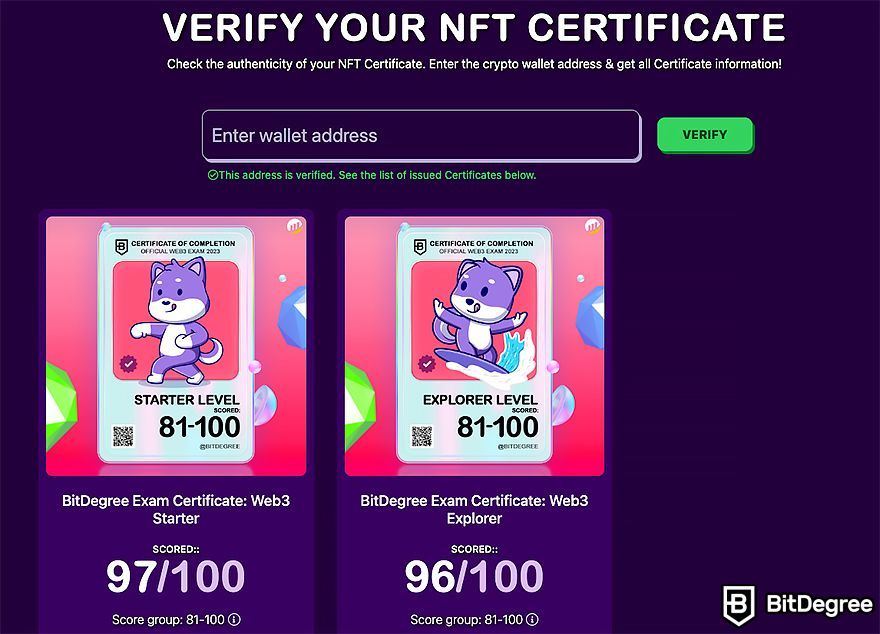 BitDegree Web3 Exam review: NFT certificate verification tool.