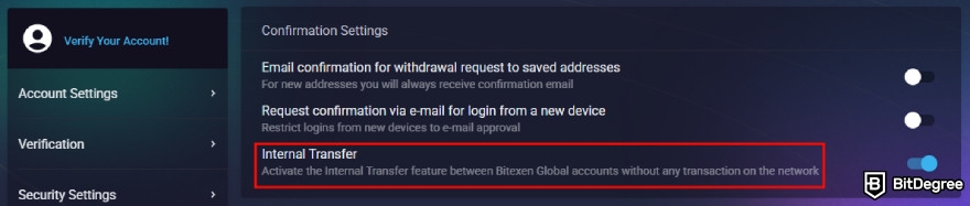 Bitexen Exchange review: "Internal Transfer" setting.