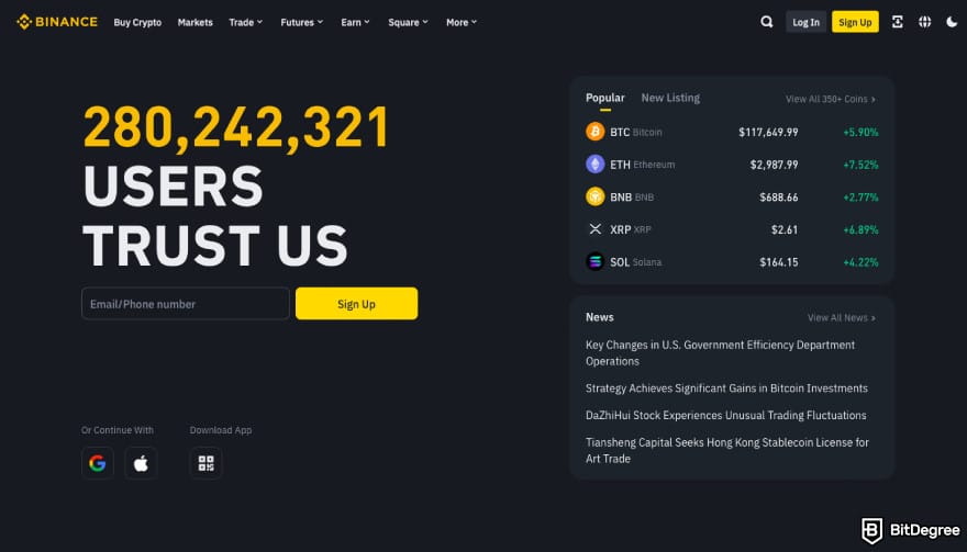 Bitfinex fees: a screenshot of Binance homepage.