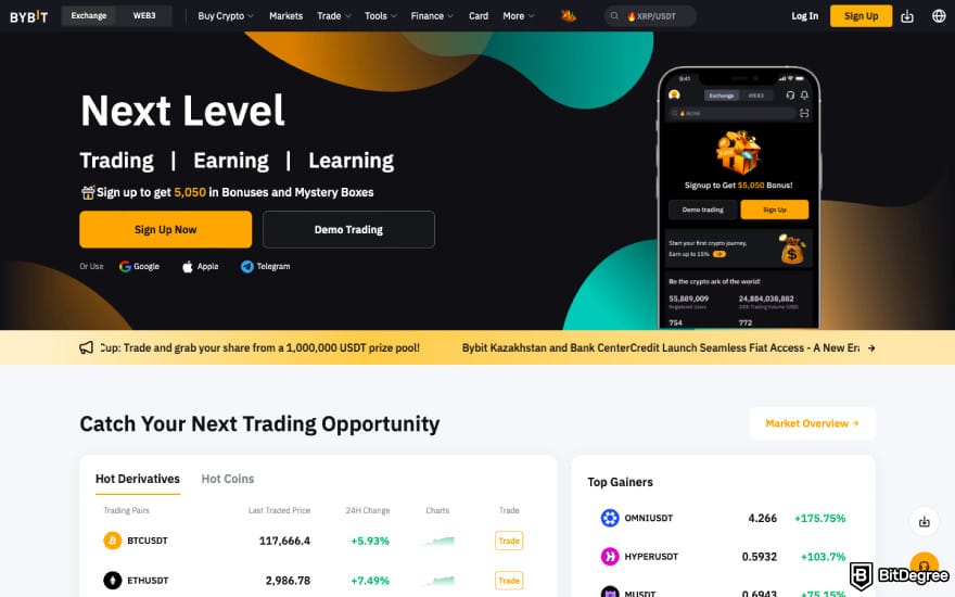 Bitfinex fees: a screenshot of Bybit homepage.
