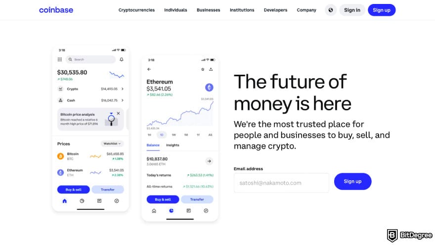 Bitfinex fees: a screenshot of Coinbase homepage.