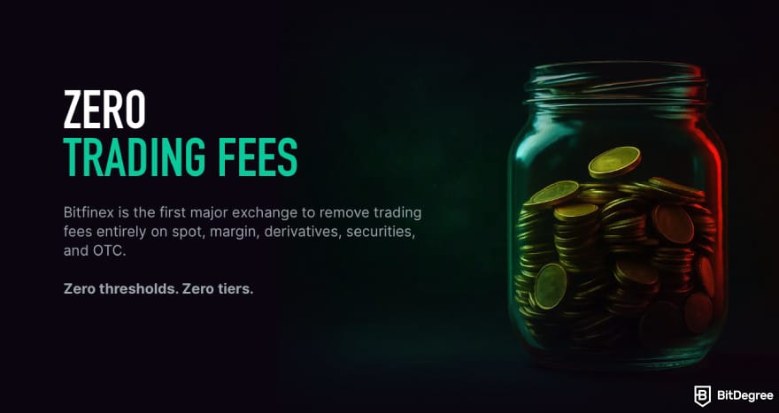 Bitfinex fees: the visual representing zero trading fees on Bitfinex.