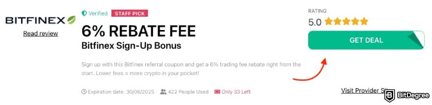 Bitfinex referral code: a red arrow pointing to the [GET DEAL] button.