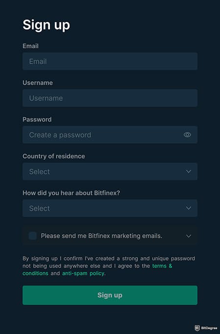 Bitfinex review: the sign-up page.