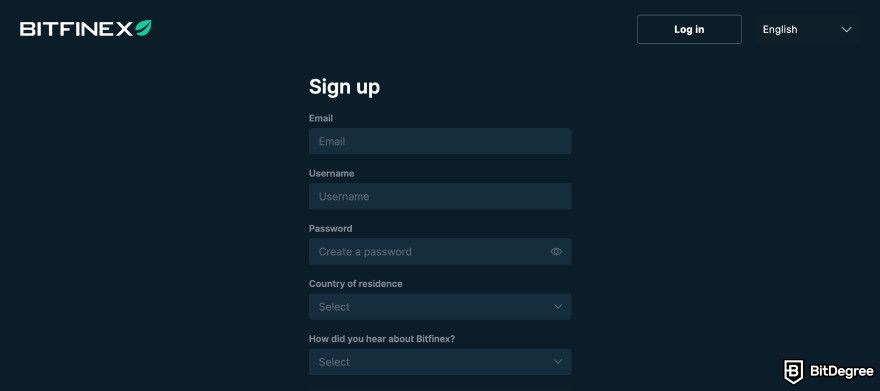 Bitfinex review: the sign-up page.