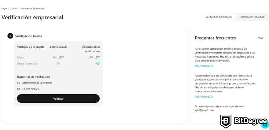 Bitget opiniones: verificacion de cuenta empresarial.