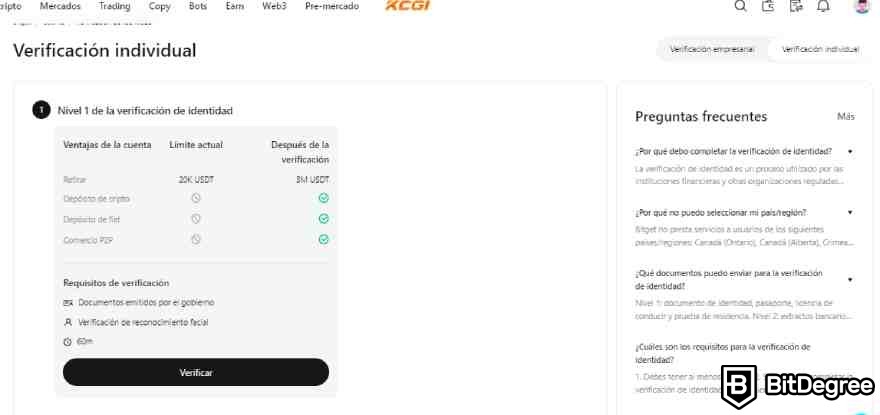 Bitget opiniones: verificacion de cuenta individual.