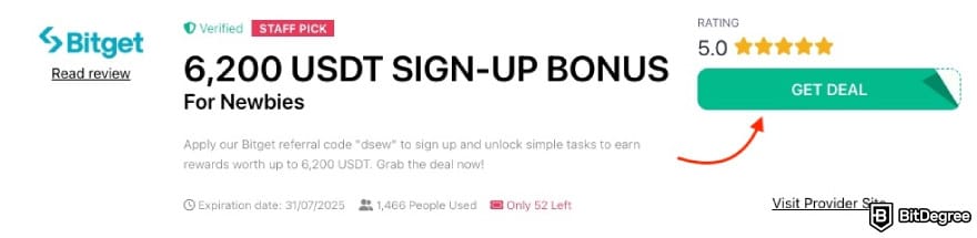 Bitget referral code: a red arrow pointing to the [GET DEAL] button on BitDegree's page.