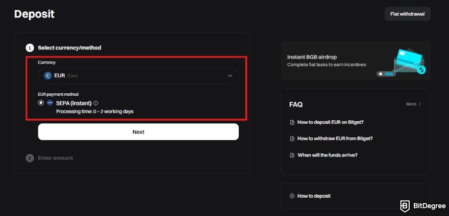 Bitget review: the deposit fiat page on Bitget with the currency and payment method options highlighted.