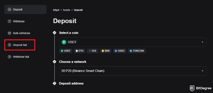 Bitget review: the deposit page on Bitget with the Deposit fiat option highlighted.