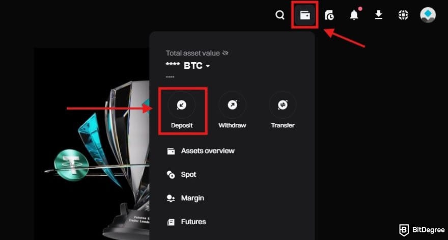 Bitget review: a portion of Bitget's homepage with the Deposit option highlighted.