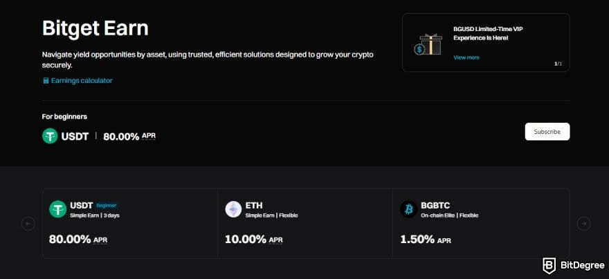 Bitget review: the page for Bitget Earn on Bitget's website.
