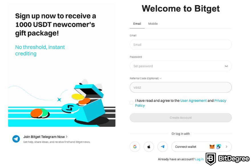 Bitget review: registration window.
