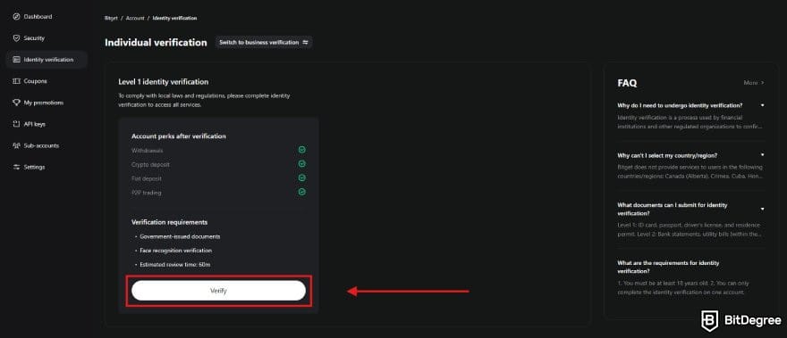 Bitget review: the individual verification page on Bitget.