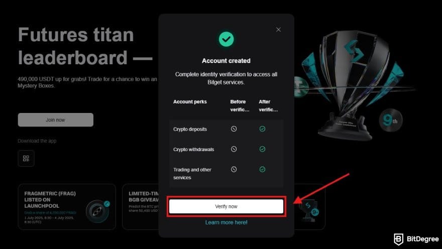 Bitget review: the popup window prompting to verify identity for a new account on Bitget.