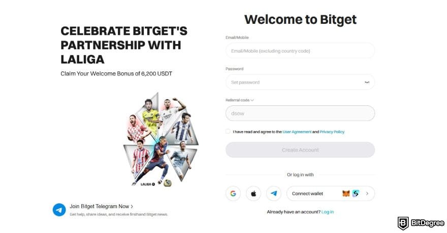 Bitget review: the sign up page on Bitget.