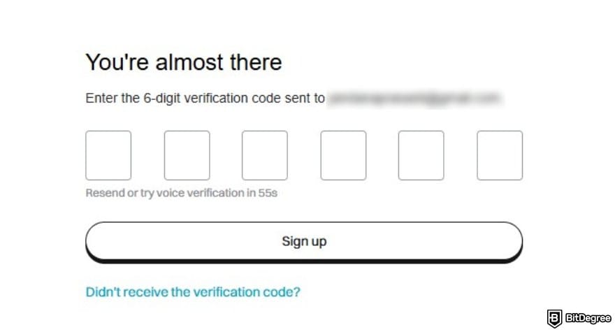 Bitget review: the email verification step when making a new account on Bitget.