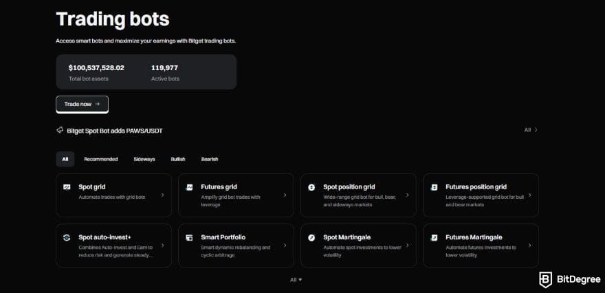 Bitget review: the trading bots page on Bitget's website.