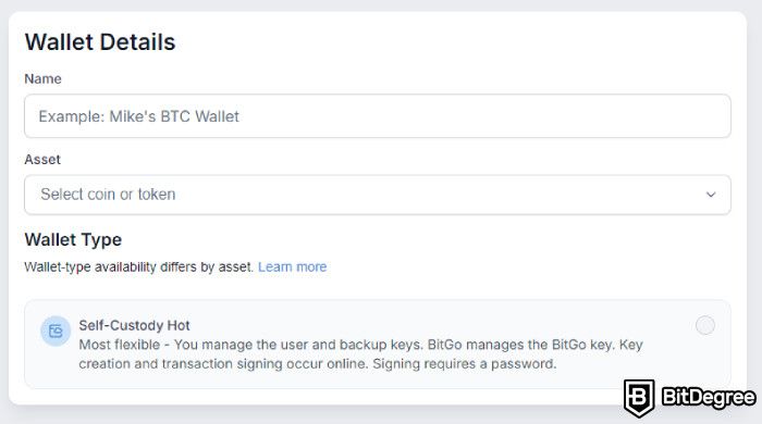 BitGo review: name your wallet and choose the crypto.