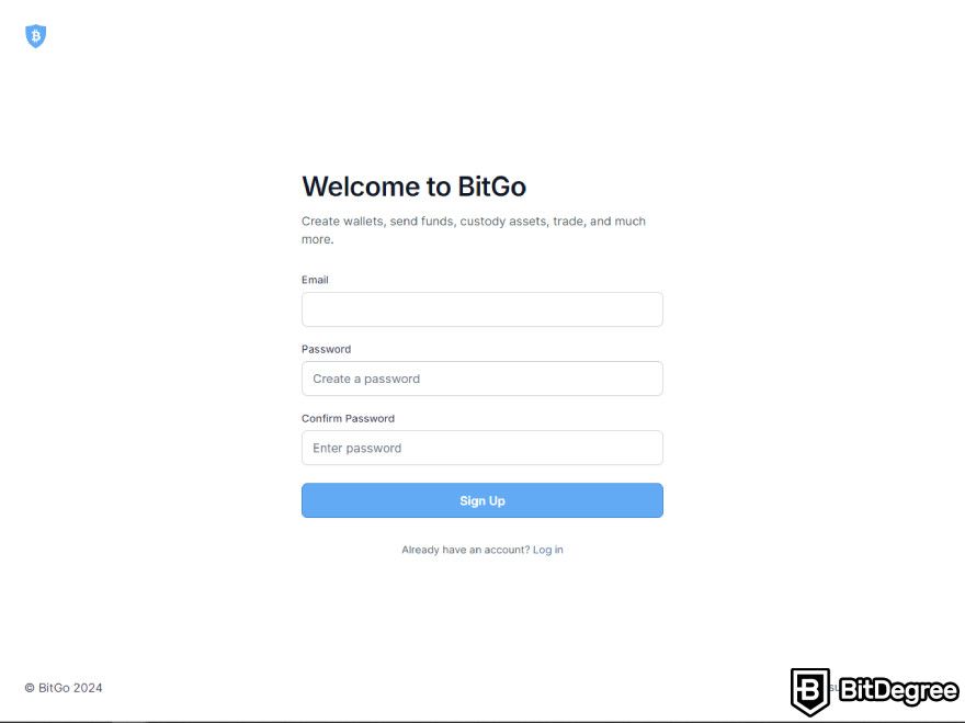 BitGo review: provide email and create strong password.