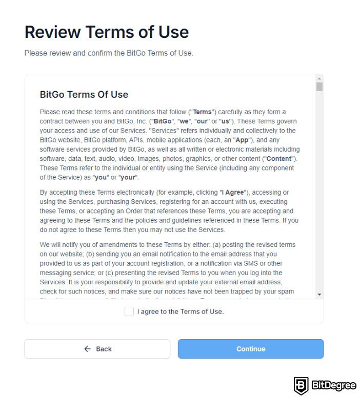 BitGo review: agree to the terms of use.