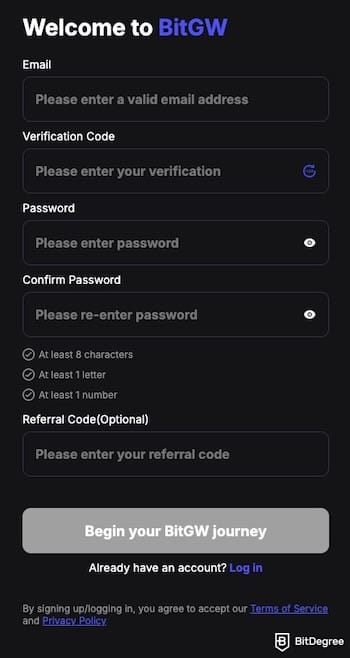BitGW review: BitGW's sign-up form. BitGW review: BitGW's sign-up form.