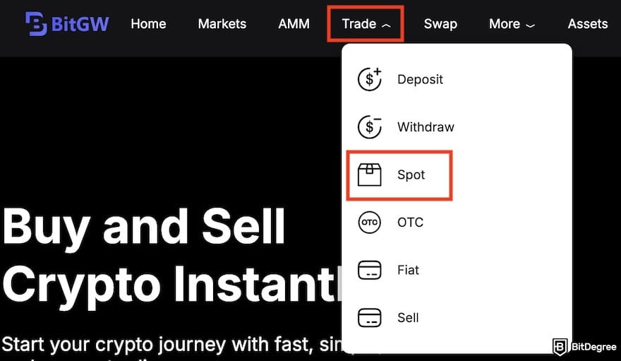 BitGW review: the [Trade] and [Spot] menus highlighted.