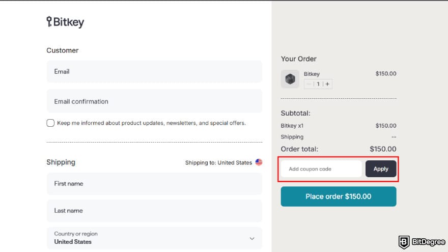 Bitkey coupon code: apply the code manually.