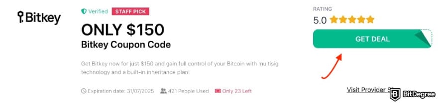 Bitkey coupon code: a red arrow pointing to the [GET DEAL] button on BitDegree's page.
