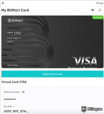 BitMart Card review: card dashboard interface.