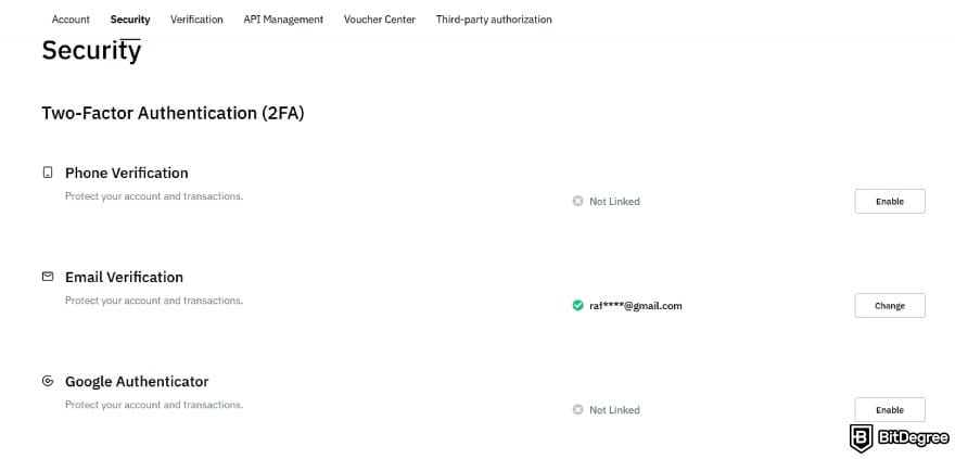 BitMart Card review: account security page showing two-factor authentication options.