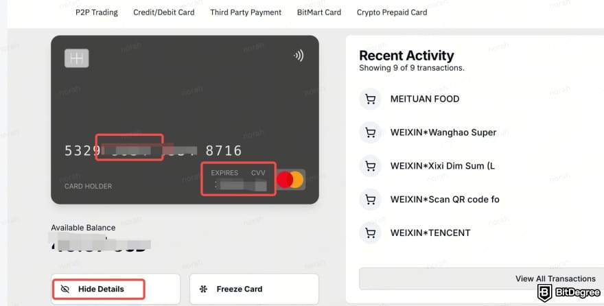BitMart Card review: account dashboard showing the virtual card details.