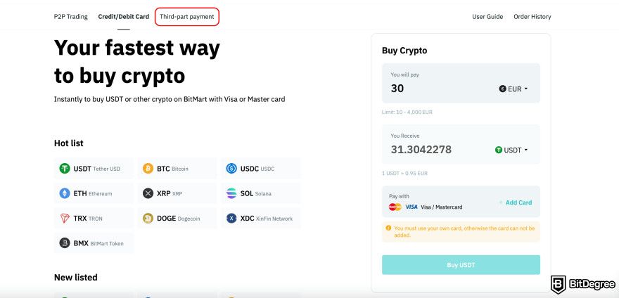 BitMart exchange review: the [Third-part payment] button.