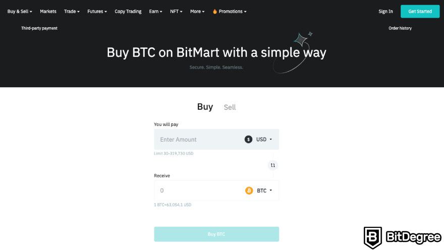 BitMart exchange review: crypto buying and selling interface.