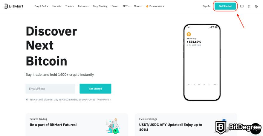 BitMart exchange review: the Get Started button.