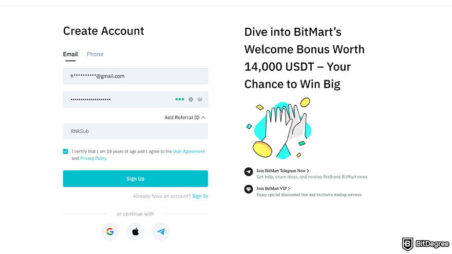 BitMart exchange review: create account.