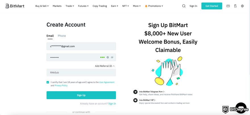 BitMart exchange review: create account.