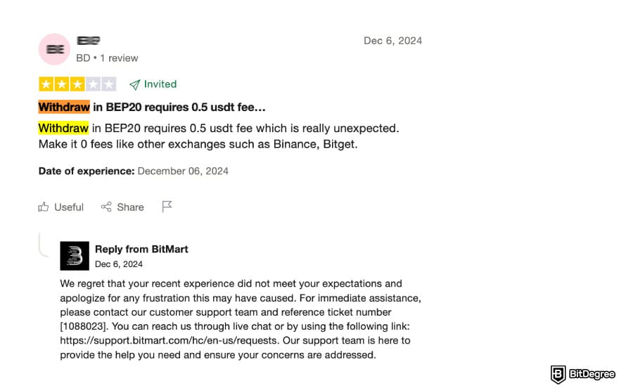 BitMart fees: BitMart fee user review Trustpilot.