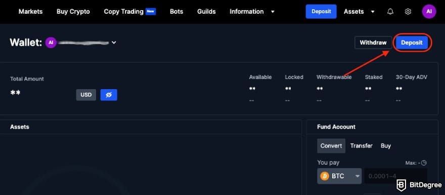 BitMEX review: the [Deposit] button in the BitMEX wallet.