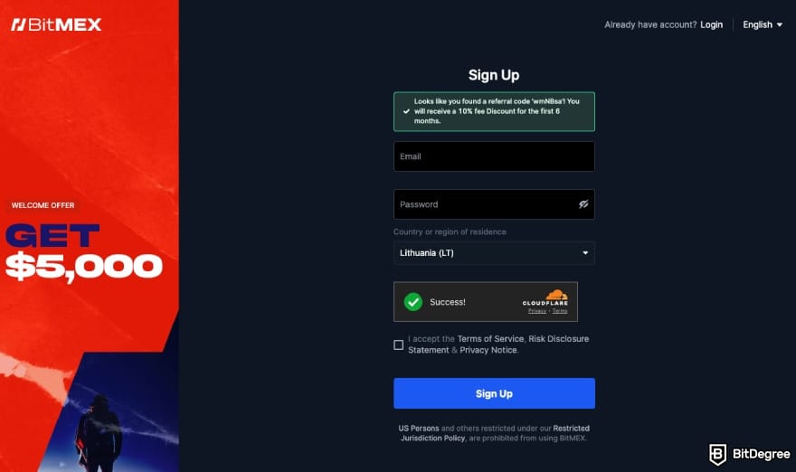 BitMEX review: sign up page.