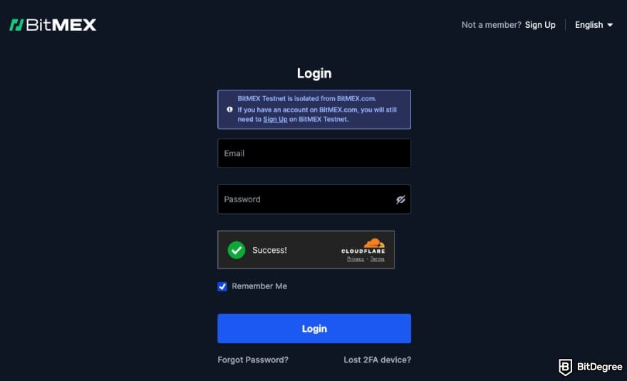 BitMEX review: BitMEX Testnet login interface.