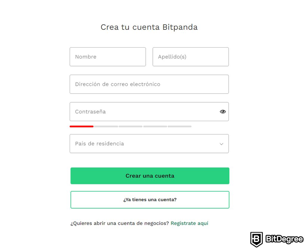 Bitpanda Opiniones: Página de Registro.