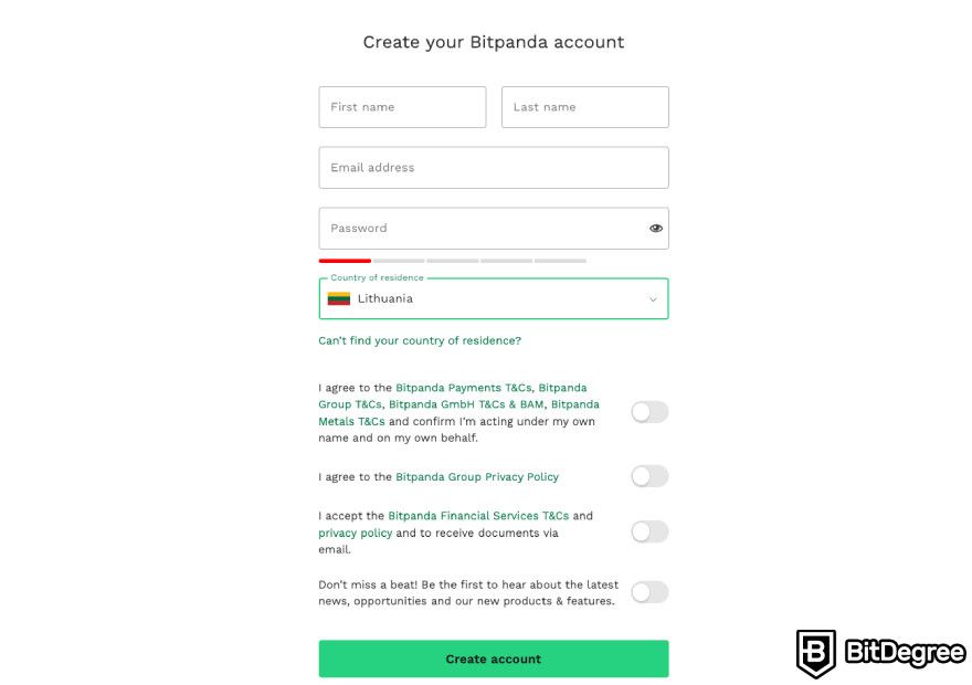 Bitpanda review: account creation window.