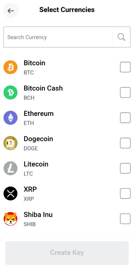 BitPay wallet review: selecting cryptocurrencies.