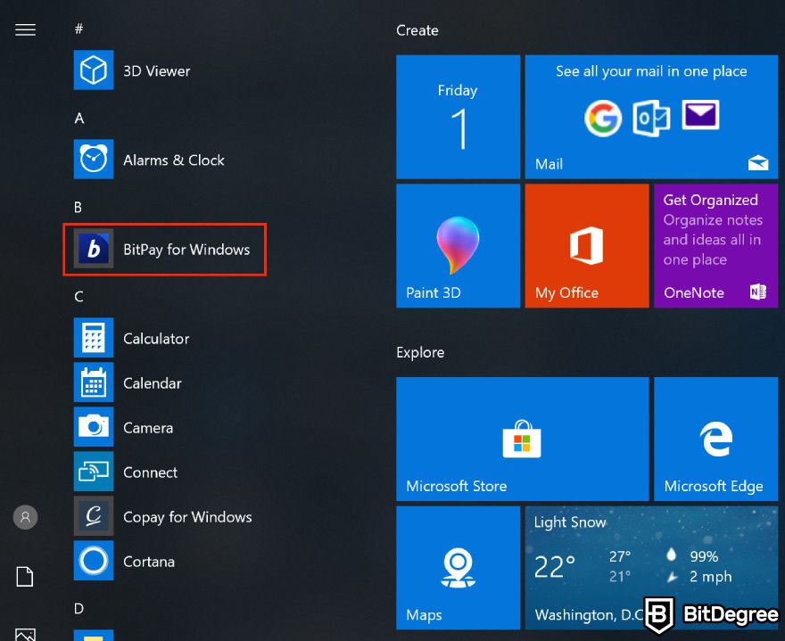 BitPay wallet review: find the BitPay wallet in the Windows Start menu.