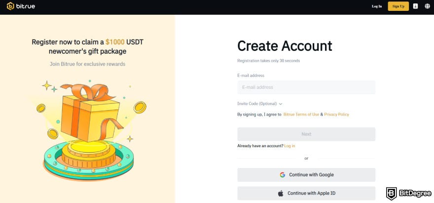 Bitrue invitation code: create an account on Bitrue.