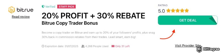 Bitrue invitation code: a red arrow pointing to the [GET DEAL] button on BitDegree's page.